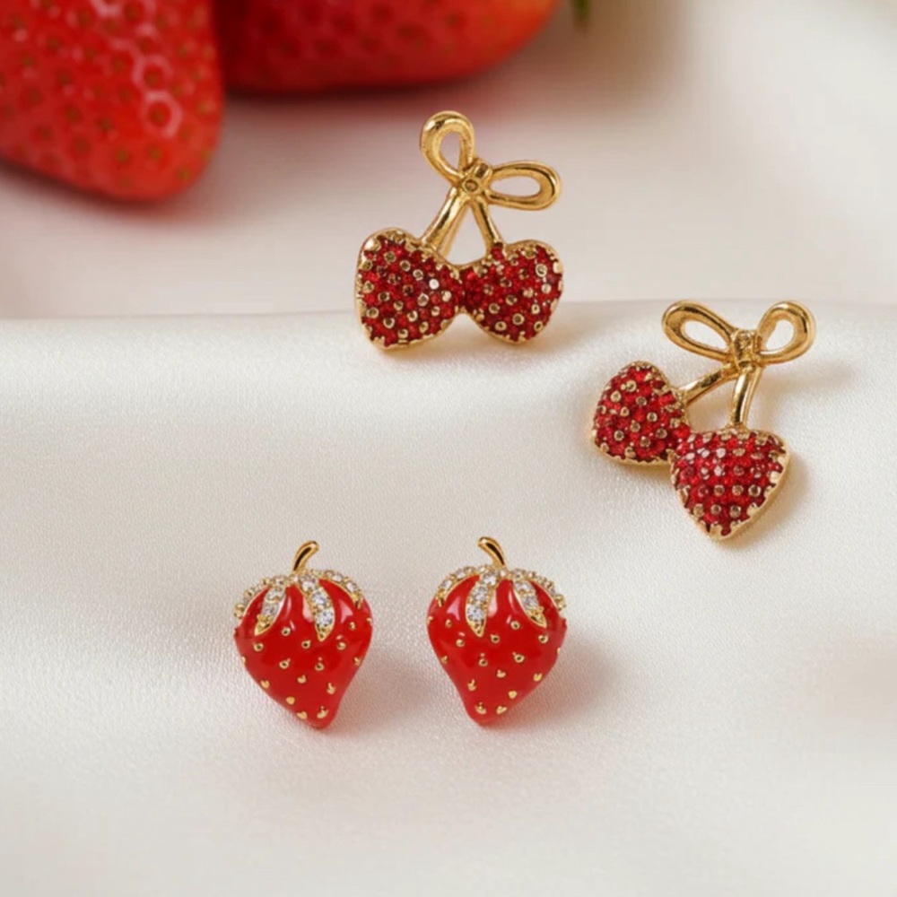 Gold-Tone Red Strawberry & Bow Stud Earring Duo